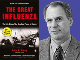 Photo of John Barry and the cover of The Great Influenza