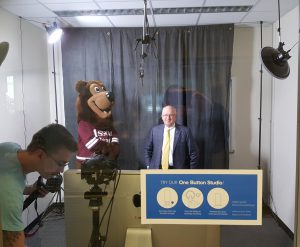 Photo of MSU President Clif Smart and Boomer in the One-Button Studio
