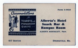 Old business card from Alberta's Hotel