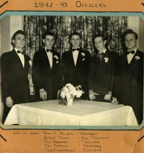 Sigma Tau Gamma officers for 1942-43 term: Bill K. Powell, President; Emmett Davis, Vice President; Ross Breshears, Treasurer; Jim Simmons, Secretary; Don Eagleburger, Historian.
