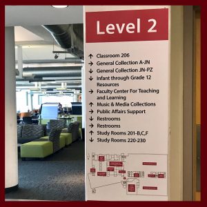 Way-finding directory on the 2nd floor of the Duane G. Meyer Library