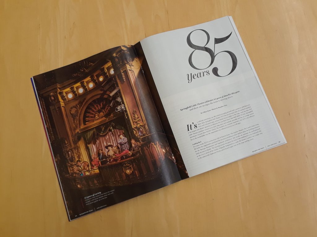 Copy of 417 Magazine open to feature story celebrating Springfield Little Theatre's 85th anniversary.