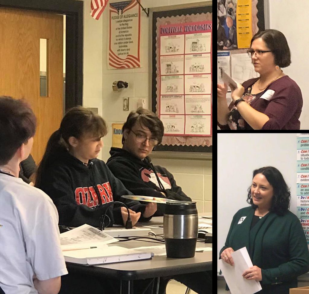 Tracie Gieselman-Holthaus and Shannon Mawhiney speak to Ozark High School students during their Local History and Folklore class.