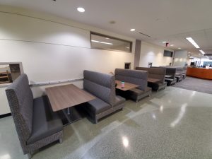 Six sets of diner booths in Duane G. Meyer Library
