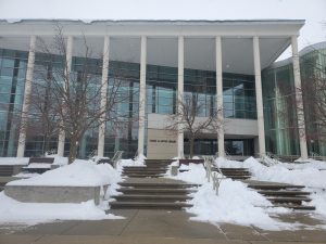 exterior photo of Meyer Library after a snowfall