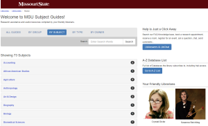 The home page of the MSU Libraries Subject Guides database.
