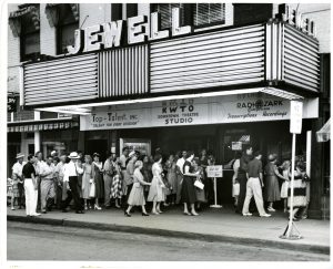 1950s view of the front of the Jewell Theatre