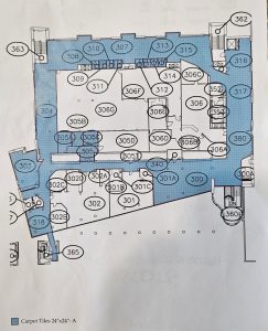 Floor plan showing newly carpeted areas