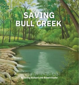 The cover of the Ozarks Studies Institute's newest book, Saving Bull Creek. It is a painting of the creek with water, trees, and rocks painted by Jane Troup.