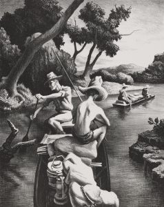 Painting by Thomas Hart Benton of people in a John boat going down the river. Title of the painting is "Down The River" by Thomas Hart Benton.