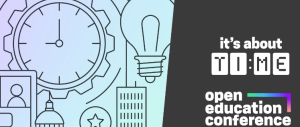 Graphic for open education conference called "It's About Time" with images of clocks and books and light bulbs