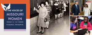 Black and white image of women waiting in line, presumably at the Federal Reserve alongside a graphic for the exhibit and color photos of women talking to a man and to each other