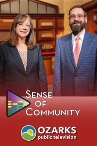 Host Gregory Holman and News Director Michele Skalicky stand on the set of the Ozarks Public Television show Sense of Community