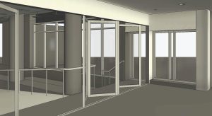 computer generated image of the design of the new, glass gate for the Duane G. Meyer Library