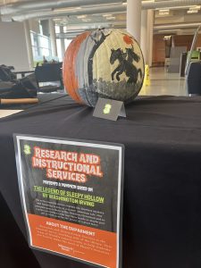 pumpkin painted with the headless horseman