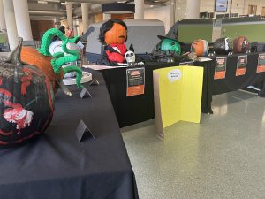 Decorated pumpkins on display at Meyer Library