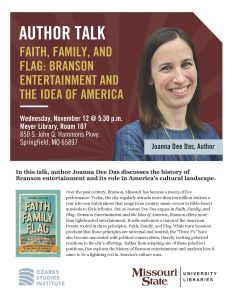Flier for an upcoming author talk. Pictured is Dr. Joanna Dee Das, a caucasian woman with brown hair in a blue shirt. The cover of her book is below her.