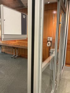 front door of room 107 in Duane G. Meyer Library